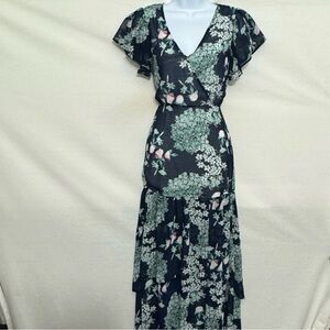 R-65 Promesa Blue Floral Short Sleeve Maxi length Dress Size M